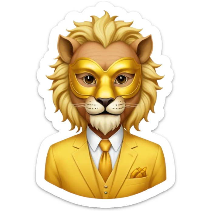 a old man, with a Yellow suit,  wear half-face golden Lion masquerade mask sticker
