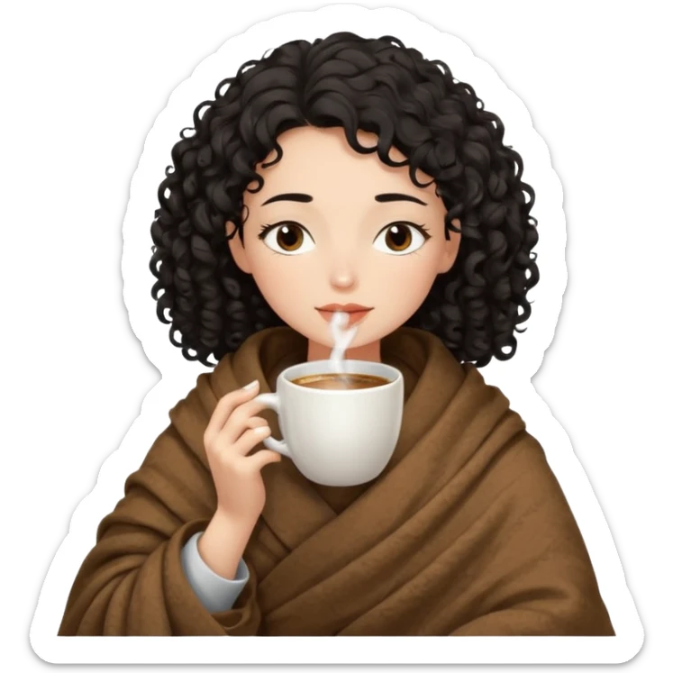 Gözleri kapalı, beyaz tenli ve kıvırcık siyah saçlı saç boyu orta omuzlarında bir kadın avatar, battaniyeye sarılmış halde beyaz bir Türk kahvesi fincanından içeceğini huzurla yudumluyor. sticker