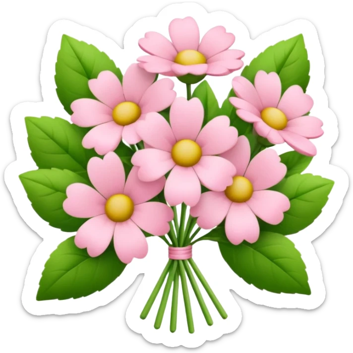 pastel pink flower bouquet with green leaves, iOS Apple emoji style sticker