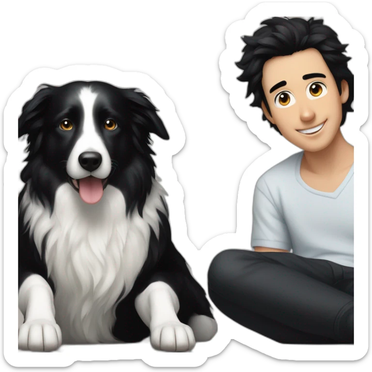 aa family photo of a 30 year old boy with long black hair next to a black and white border collie sticker