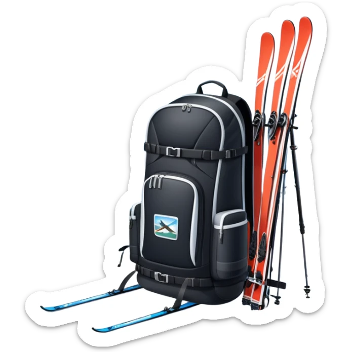 An icon showing a close-up of a biathlon backpack, a pair of skis, and a biathlon rifle resting against snow. In the background, a beautiful winter landscape with snowy trees and mountains under a clear sky. Transparent background reflects the sport’s precision and rugged endurance. sticker