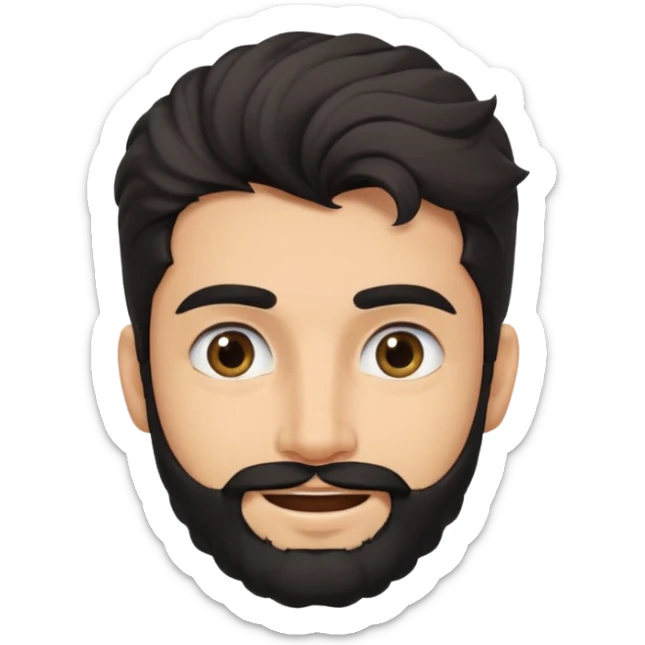 young fair skin Pakistani man smiling with black beard, wavy hair pushed back and squinted eyes and thick eyebrows sticker