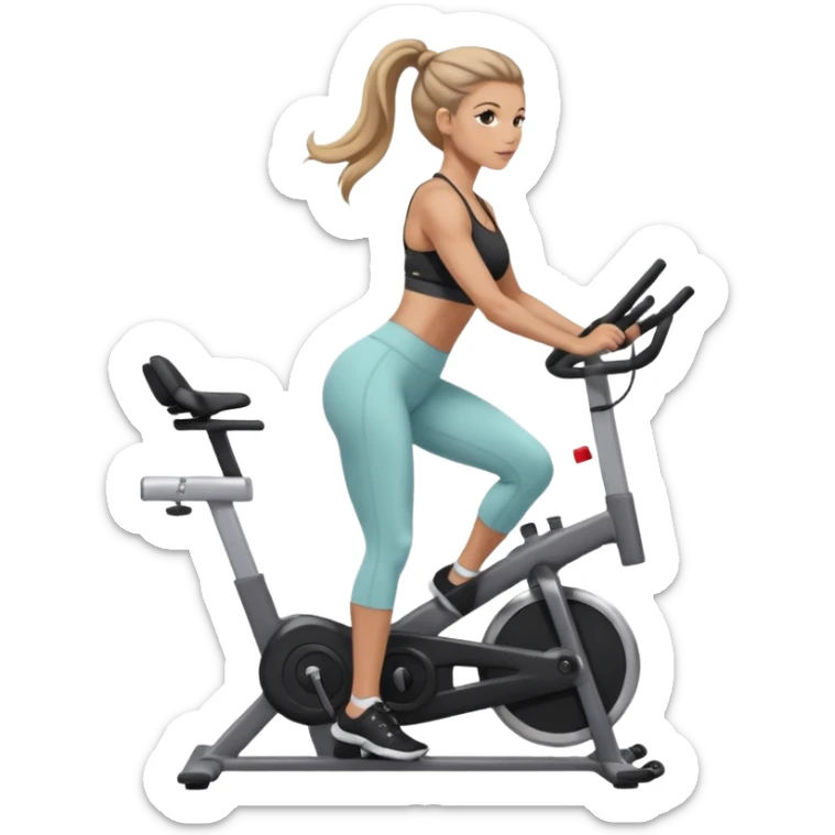 woman with long hair tied up in ankle-length leggings on a stationary bike sticker