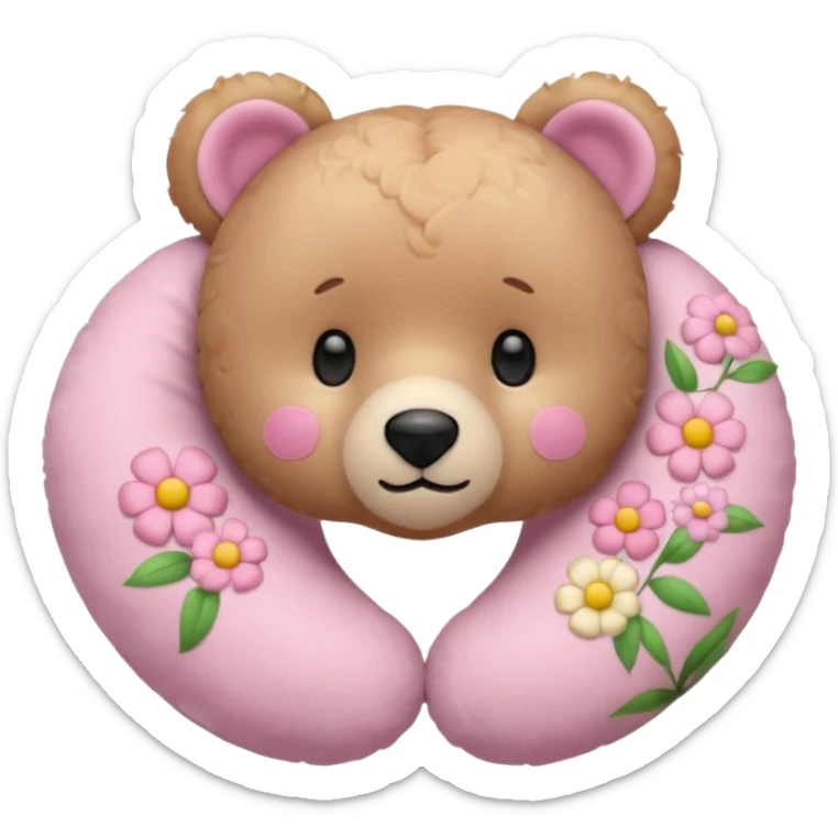 pink teddy bear, floral neck pillow with pastel flowers, iPhone emoji style, iconic emoji look sticker