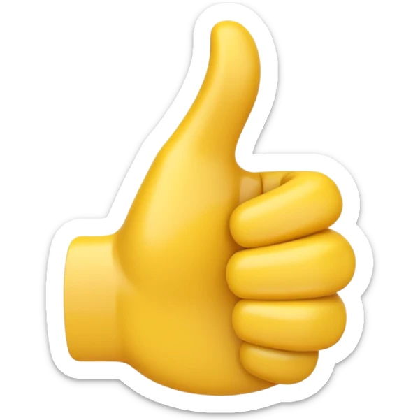 Apple-style 3D illustration of a single yellow emoji hand giving a thumbs up gesture, glossy and rounded, centered on a clean white background, soft shadow underneath, isolated and minimal design sticker