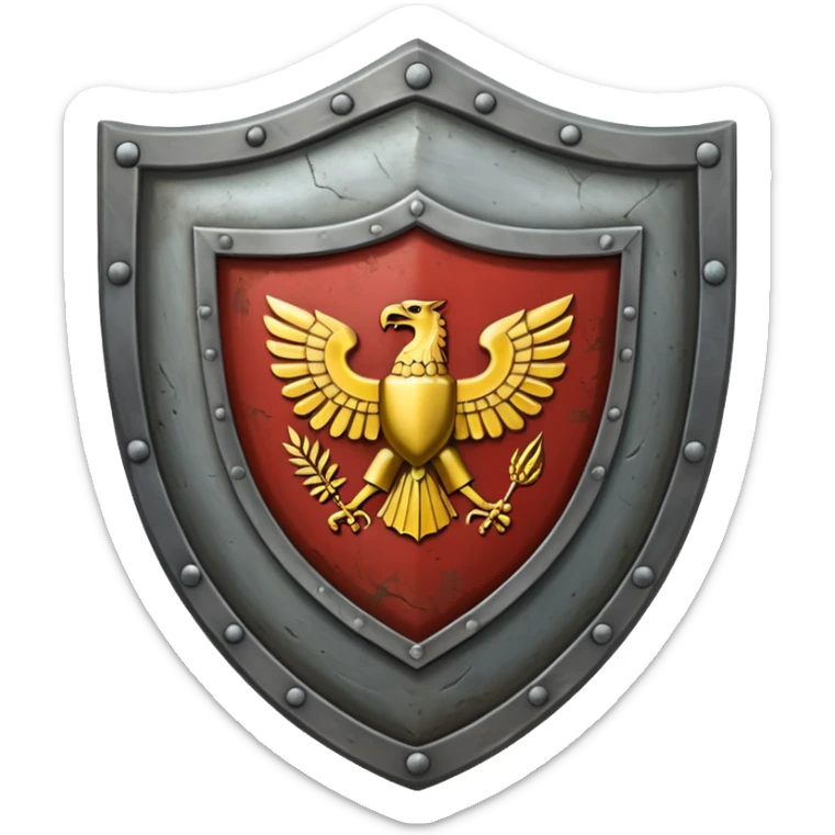 a steel shield with engraved roman letter for new—looks battle worn sticker