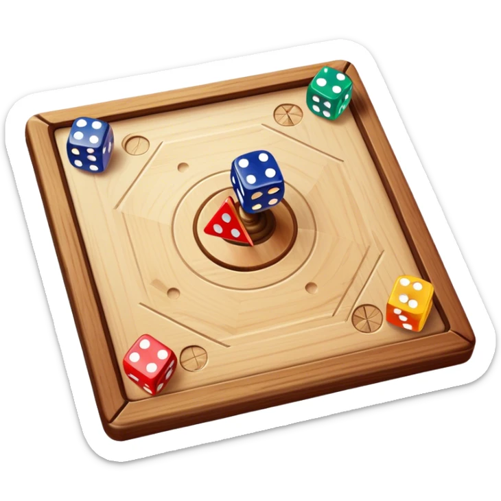 A photorealistic icon featuring a wooden board with a variety of game pieces, dice, a spinning top, and a set of colorful tokens. The design includes a rich, detailed texture of the board and game pieces, capturing the fun and strategy of different tabletop games. Transparent background. sticker