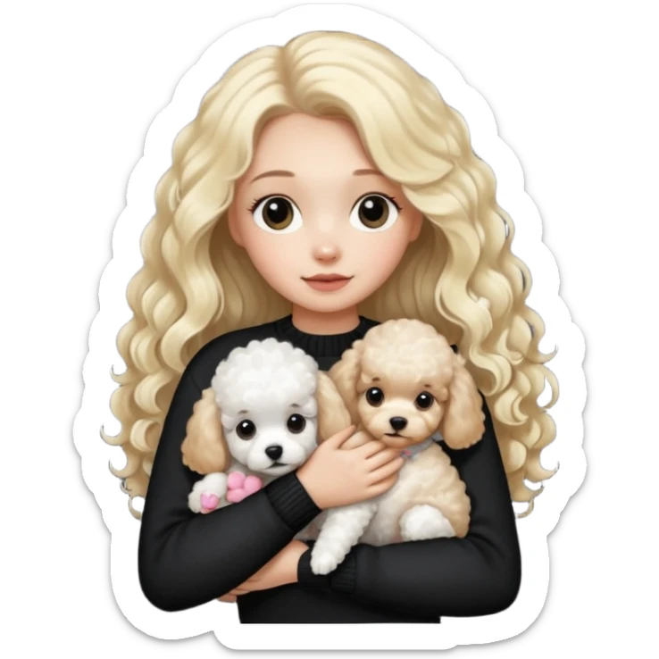 blonde girl with long hair in a black sweater holds a Poodle puppy in her arms sticker