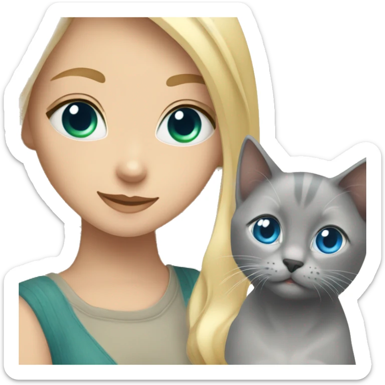 blue eyes grey kitten and green eyes blonde girl are friends sticker