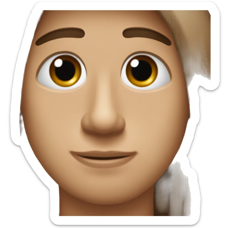 The shape of his face is round, with large, wide eyes. Eye color is brown, hair is long brown, eyebrows are medium-sized brown, the nose is long and thin, light cheeks, the protrusion of the mouth is medium in size, light red color, and the chin is broad. sticker