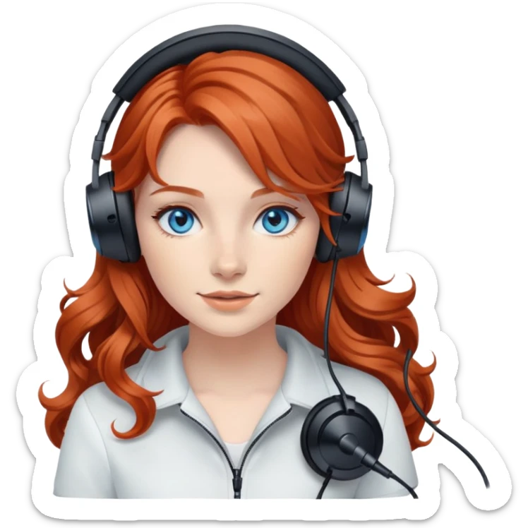 redhead girl with long wavy hair with black gaming headset and blue eyes sticker