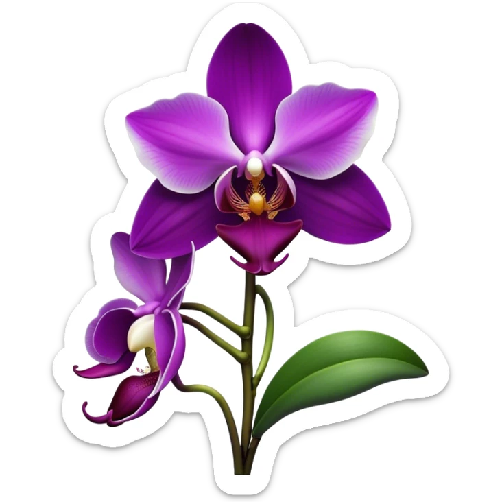 Cinematic Realistic Orchid Emoji, Exotic and elegant, with intricate, velvety petals in deep purple and white, forming a delicate and symmetrical blossom. The slender green stem holds the flower high, while surrounding leaves add lush contrast. Soft glowing outline, capturing the essence of rare beauty and sophistication in a captivating orchid. sticker