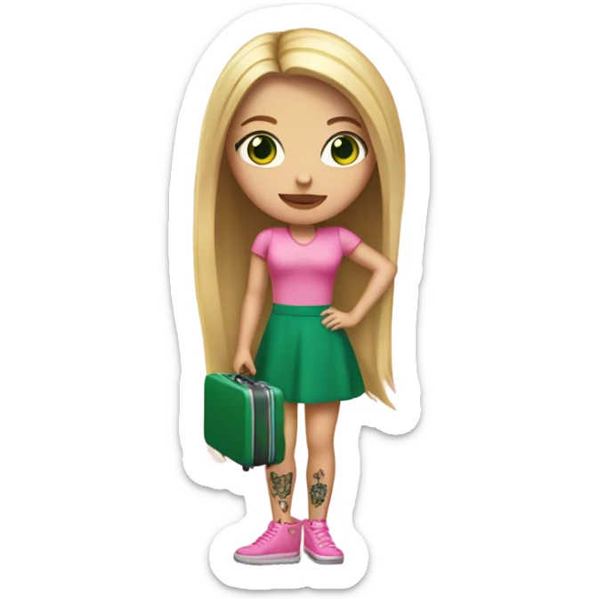 Realistic White girl with Long straight blonde hair and green eyes, tattoos, full body wearing pink dress, holding pink luggage sticker