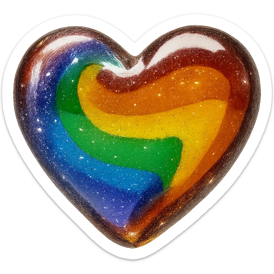 Add a glitter effect to the 3D floating realistic glass pride heart in photorealistic style with no background. Enhance the sparkling glitter details on the glass surface of the heart to make it shimmer realistically. sticker