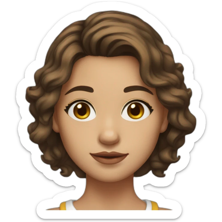 30 year old female, half asian, brown hair, hazel eyes, collar bone length hair, wavy hair with a middle part, little gold earrings sticker