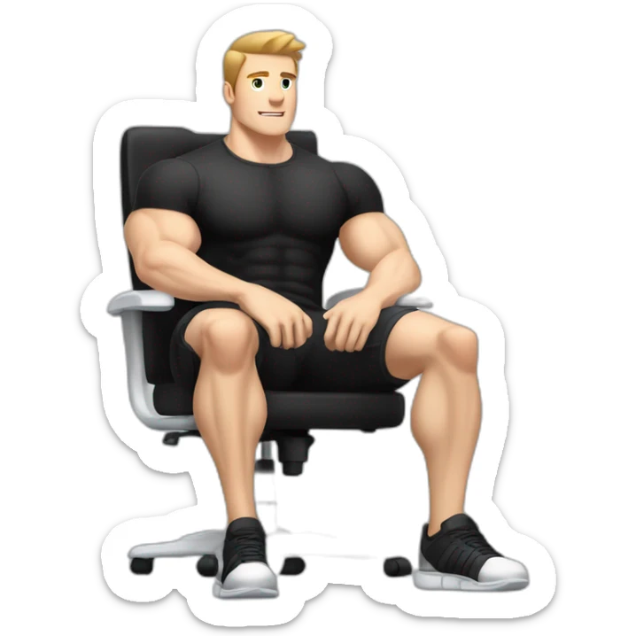 Pale skinned Fit Man With the biceps and dark brown hair in black shirt, gray sports shorts and white Sneakers Sitting on a chair sticker