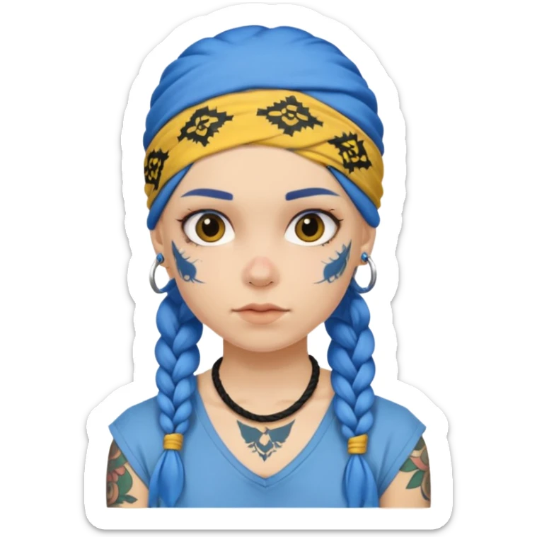 blue braided hair with yellow head bandana and lots of face tattoo girl sticker