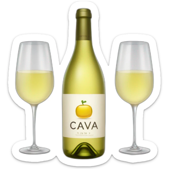 1 piece of big bottle with logo "CAVA" and 2 pieces same clinking glasses of white wine sticker