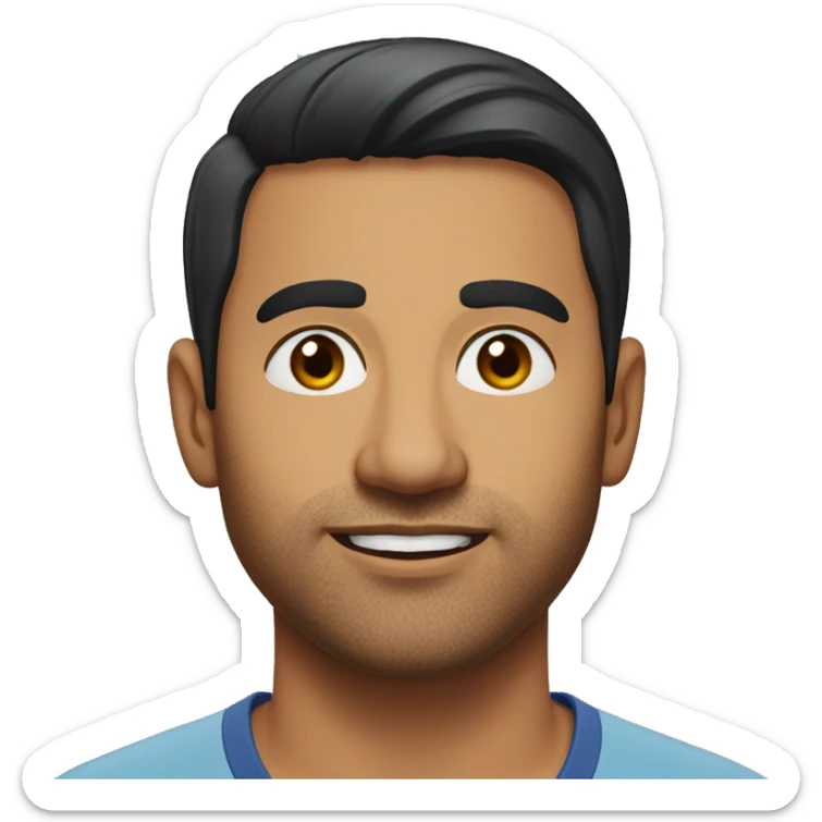 A head and shoulders shot of a 34 year old South Asian man, with short black hair,   with brown eyes wearing a t-shirt. sticker