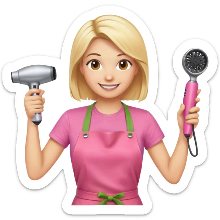 smiling blonde woman hairstylist wearing pink t-shirt and orange apron, hands raised, holding scissors and hairdryer clearly visible sticker
