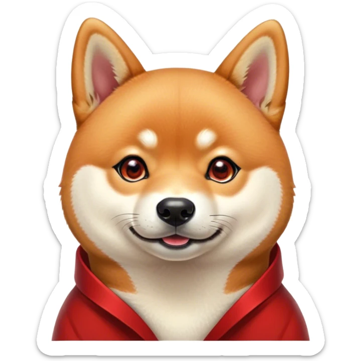 Cinematic Cute Shiba Inu Portrait Emoji, Head tilted playfully and inquisitively, featuring a rich red coat with a creamy underbelly and perky ears, round, sparkling brown eyes filled with curiosity, Simplified yet irresistibly adorable features, highly detailed, glowing with a warm, friendly glow, high shine, affectionate and lively, stylized with a touch of whimsy, bright and endearing, soft glowing outline, capturing the essence of a mischievous yet loving pup, so playful it feels like it could leap out of the screen and into your arms! sticker