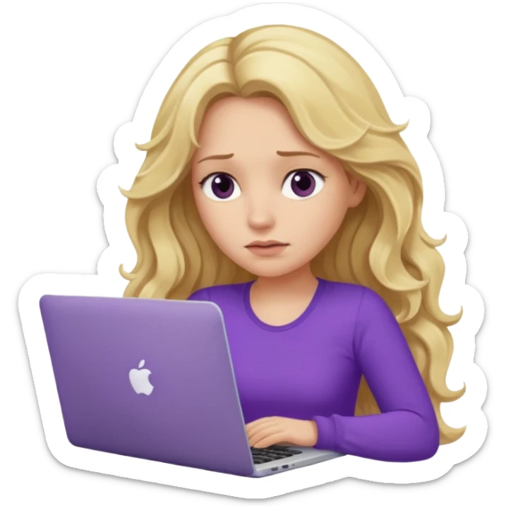 lady with long blonde wavy hair, purple top throwing her with a laptop looking tired sticker
