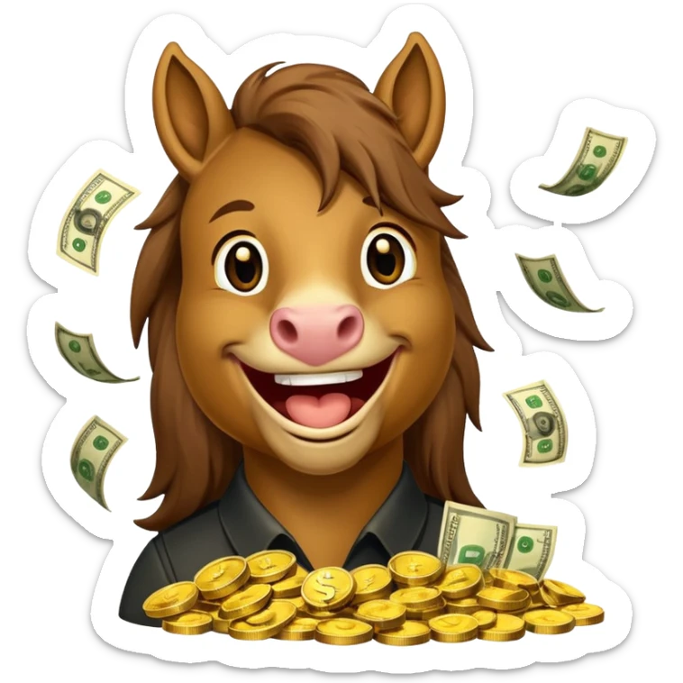 Laughing horse who is a smart and rich bank clerk but laughing with money sticker