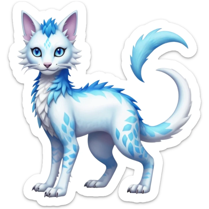 Kawaii white iridescent edgy fantasy feline-vernid-sergal-fursona animal creature with a tufted tail full body with intricate markings  sticker