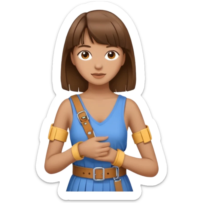 create an emoji of a woman with brown hair and a fringe with her right arm in a brace/sling  sticker