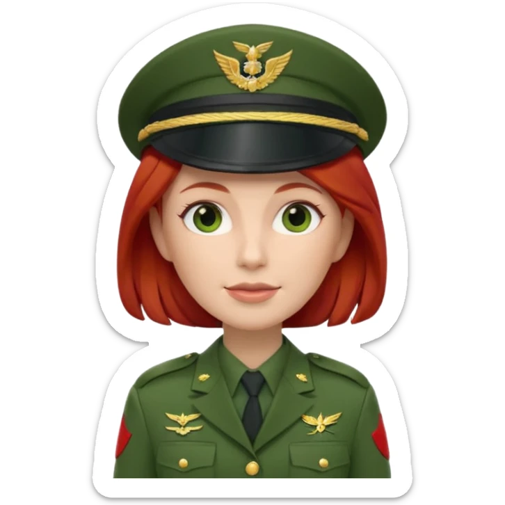 iOS Memoji style, white woman, red hair, green military officer uniform, peaked cap, 3D render, white background. sticker