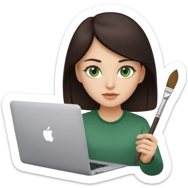 happy Graphic designer whit a MacBook, him eyes green color and dark brown hair, he is paint artist sticker