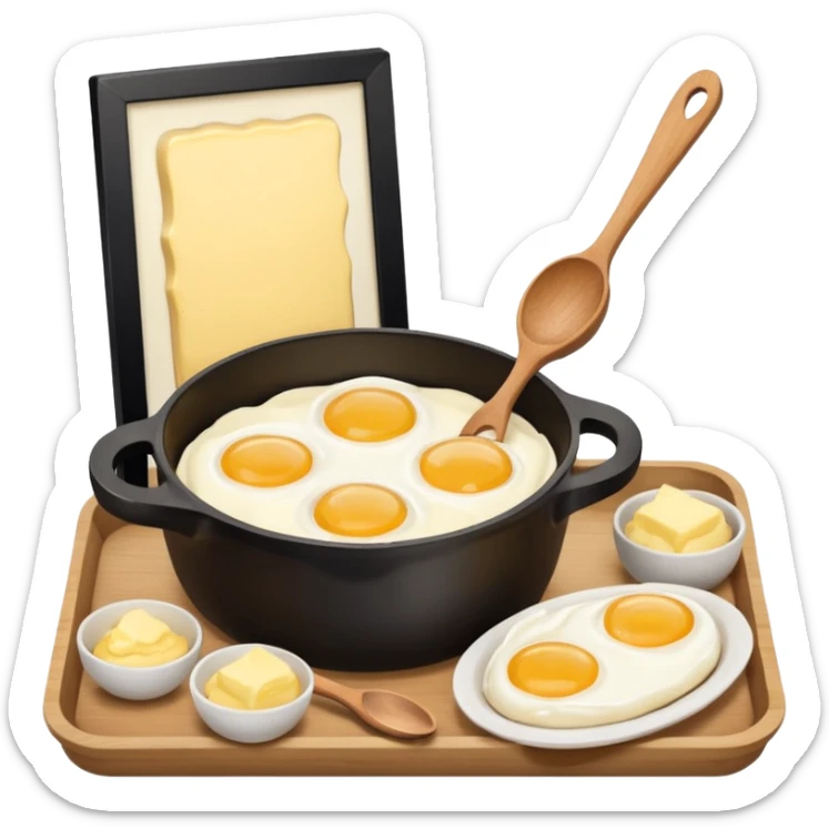 A carton of eggs, butter and a cream ceramic baking bowl with a wooden spoon in it sticker