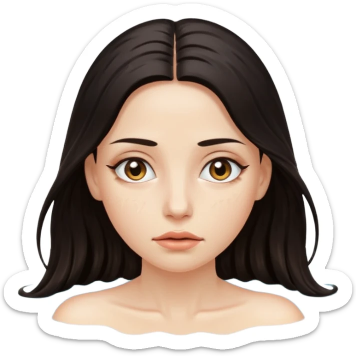 Woman submerged in black water, wet skin and eyes above surface, silent invitation sticker