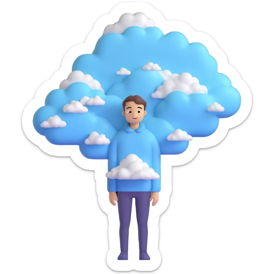 person composed entirely of clouds up to the shoulders, clouds form the silhouette, 3D emoji style sticker