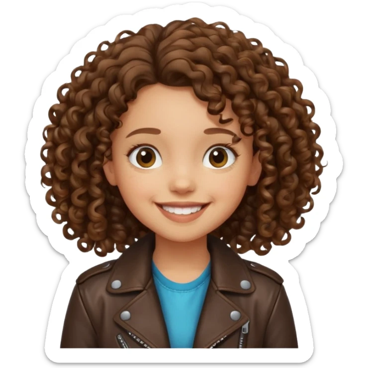 girl kid curly brown hair wear leather jacket, smile happy sticker