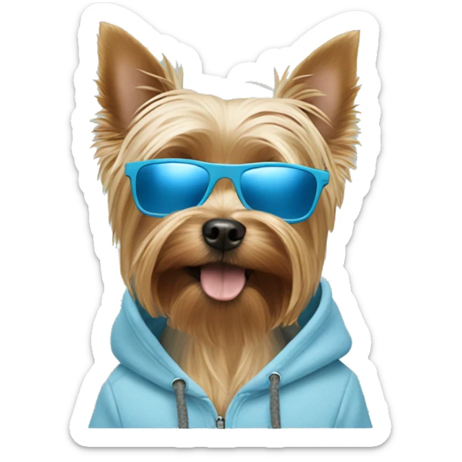 Yorkshire terrier dog with a pastel blue hoodie and pastel blue sunglasses sticker