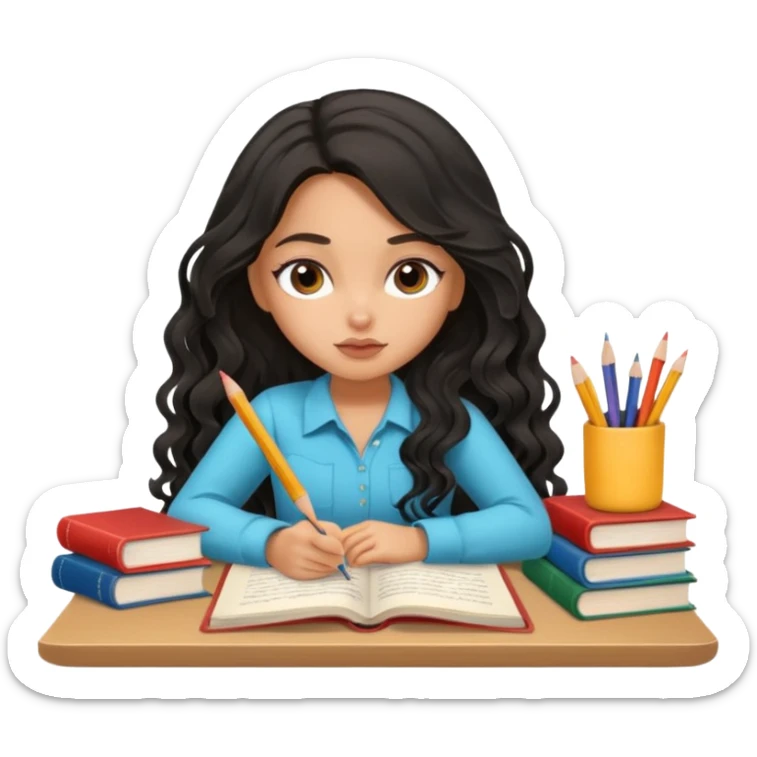 a pretty tan bratz girl with black wavy long hair studying. Pile of books on the table. No glasses. Looks tired sticker