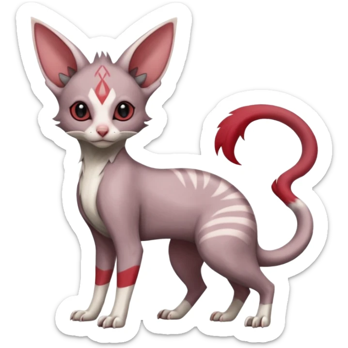 Minccino-Lykoi-Emolga-Sphynx-Linoone-Zangoose-fusion-hybrid-animal-Fakémon-creature, full body, thin long sleek scaly tail, intricate markings sticker