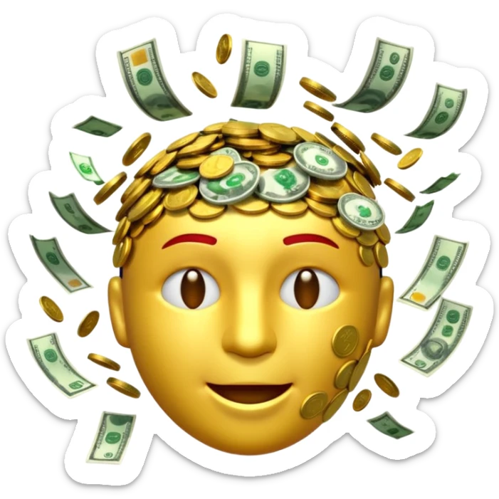 3D glossy money emoji, cracked head, coins and bills burst upward, perfect loop, centered, chroma green background sticker