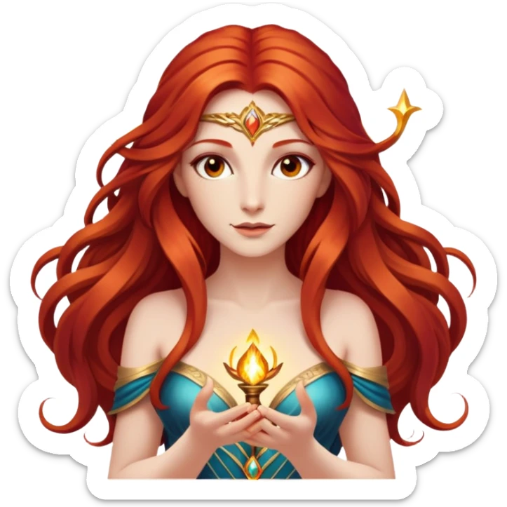   Magic God Fee femme avec des cheveux très long roux, yeux marrons belle comme une déesse avec un beau corps qui a de la magie tout autour d’elle  sticker