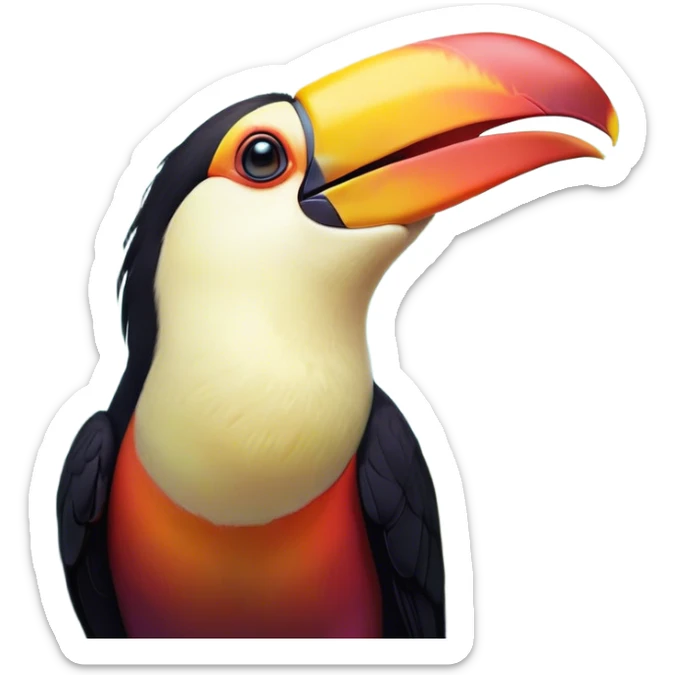 Cinematic Cute Yawning Toucan Portrait Emoji, Head tilted slightly with a dramatic, wide-open yawn, showcasing a colorful, expressive beak and sleepy, half-closed eyes with a relaxed demeanor, Simplified yet irresistibly adorable features, highly detailed, glowing with a soft, cozy tropical glow, high shine, relaxed yet expressive, stylized with a dash of whimsical charm, soft glowing outline, capturing the essence of a drowsy yet affectionate toucan that appears ready to stretch out for a nap! sticker