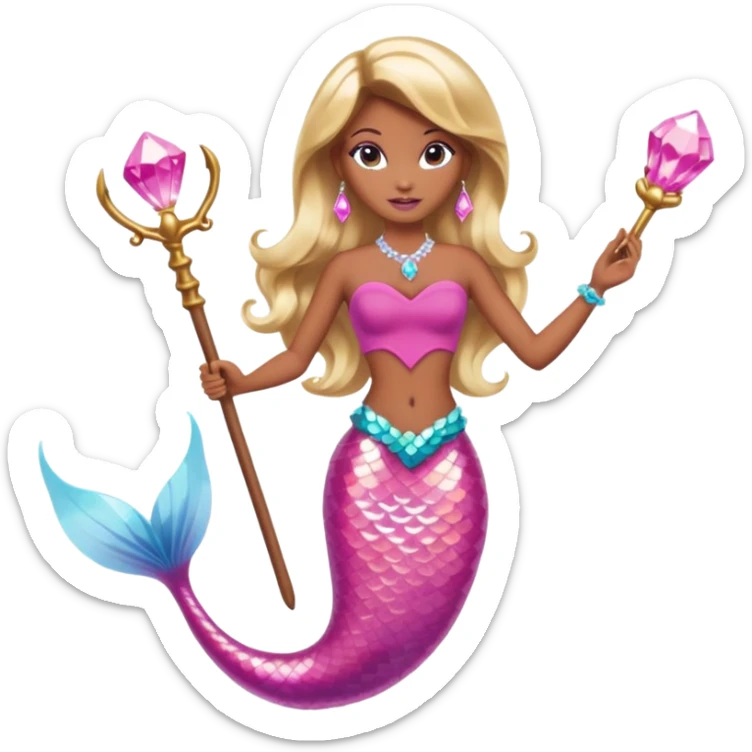 Brown skin blonde hair barbie mermaid with pink diamond tail and wand  sticker