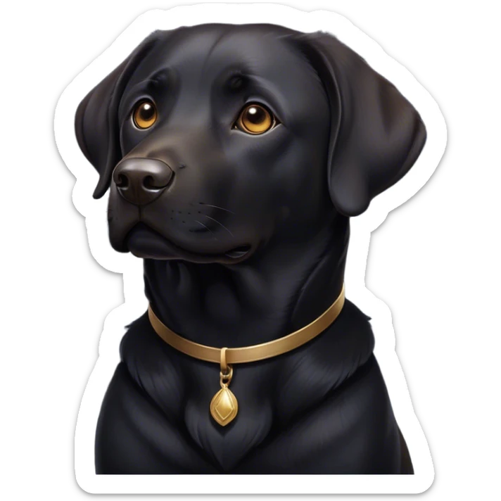 Cinematic Noble Black Labrador Portrait Emoji, Poised and regal, with a robust, muscular build and a sleek, shiny pure black Fur, deep-set soulful brown eyes, Simplified yet sharp and sophisticated features, highly detailed, glowing with a soft, dignified glow, high shine, intelligent and gentle, stylized with an air of confidence, focused and attentive, soft glowing outline, capturing the essence of a watchful and loving companion, so majestic it feels as though it could bound out of the screen with effortless authority! sticker