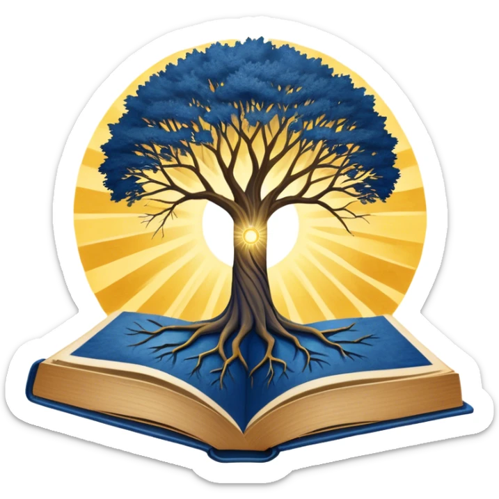 A deep blue-to-golden sunrise book with a textured, aged cover, featuring a lone figure on a path, a ray of light, or a tree with deep roots, radiating hope, purpose, and the power of finding meaning in adversity. sticker