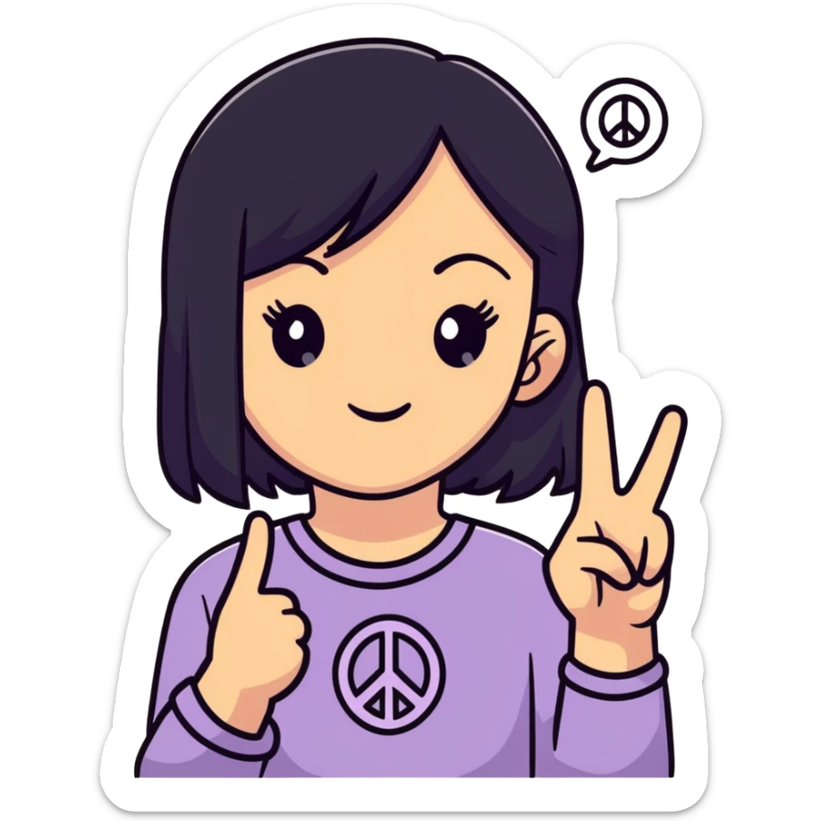 lightskin young girl with black straight hair and dark eyes, making a peace sign, cute sticker