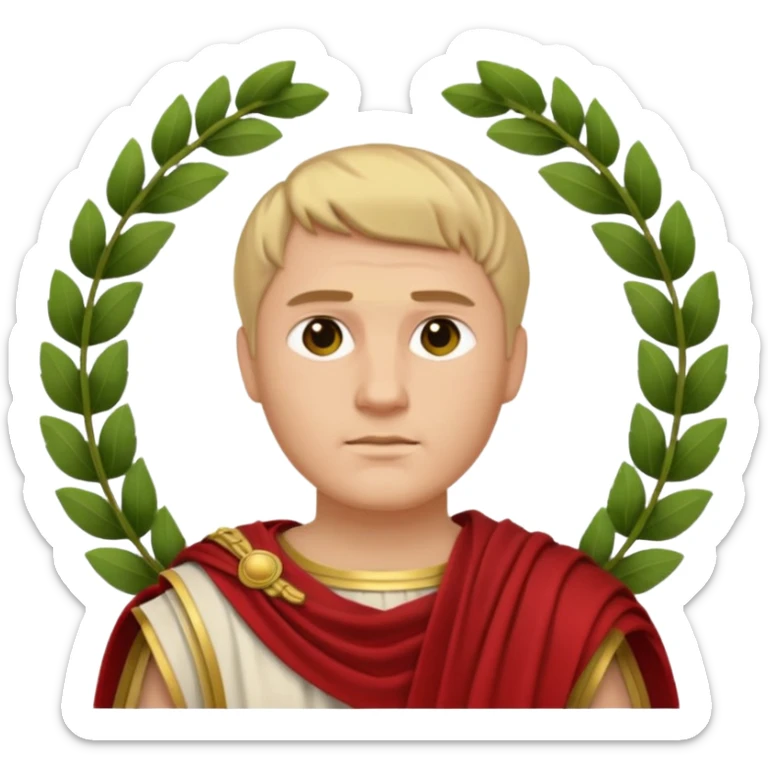 Julius Caesar as an emoji with Roman laurel wreath, toga, short hair, confident expression sticker