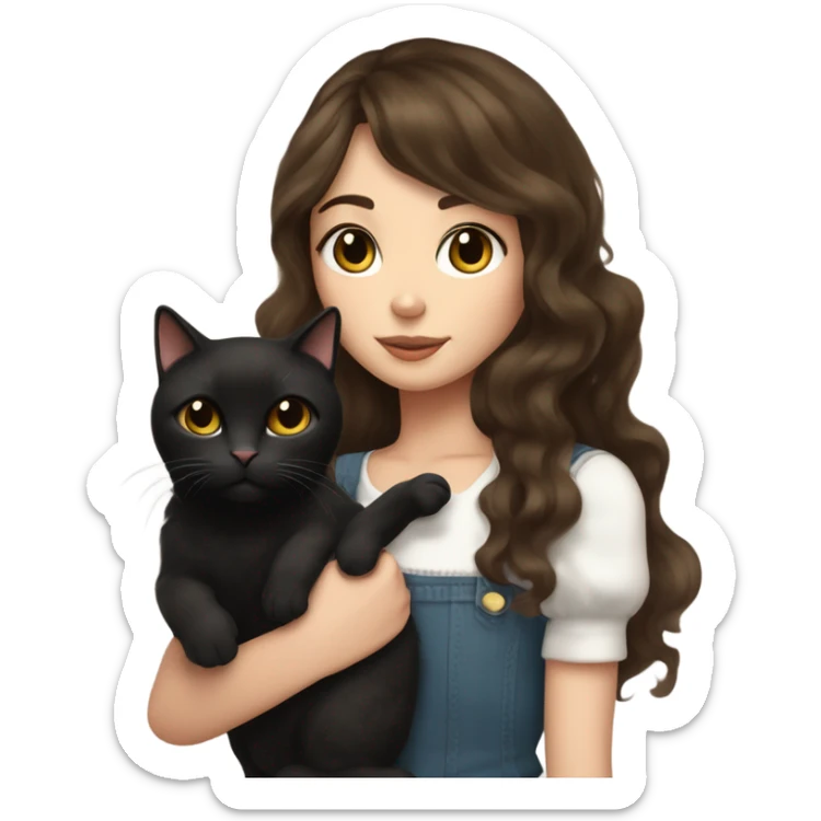 tall skinny brunette haired girl with brown eyes medium wavy hair and curtain bangs holding fat black cat with white spot on its belly sticker