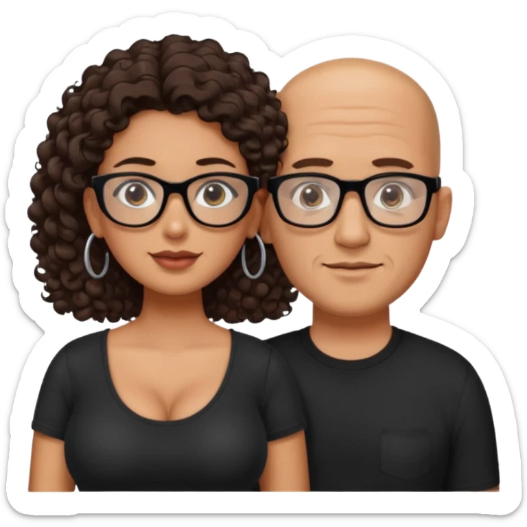 A picture of a tanned couple. the man is a Mexican man with tanned skin, with a bald hair cut, short beard and wearing a black shirt, no glasses. the woman is wearing rectangle shaped glasses, with long curly dark brown hair and with big boobs  sticker