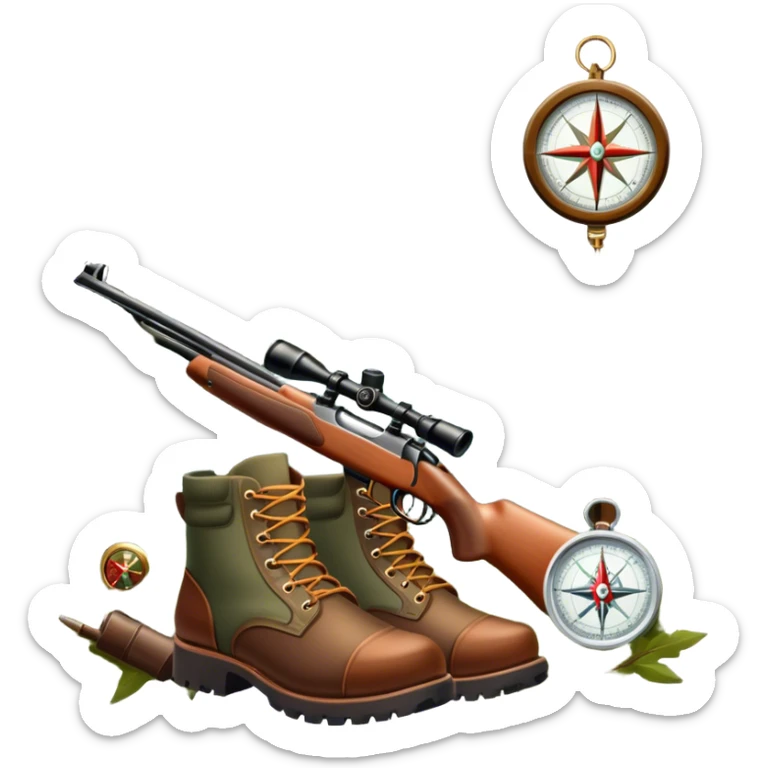 emoji for Hunting Tourism: a hunting rifle, hunting boots and a compass on a forest background, with a silhouette of wildlife in the distance. The icon should capture the adventure and connection with nature in hunting tourism. Transparent background. sticker