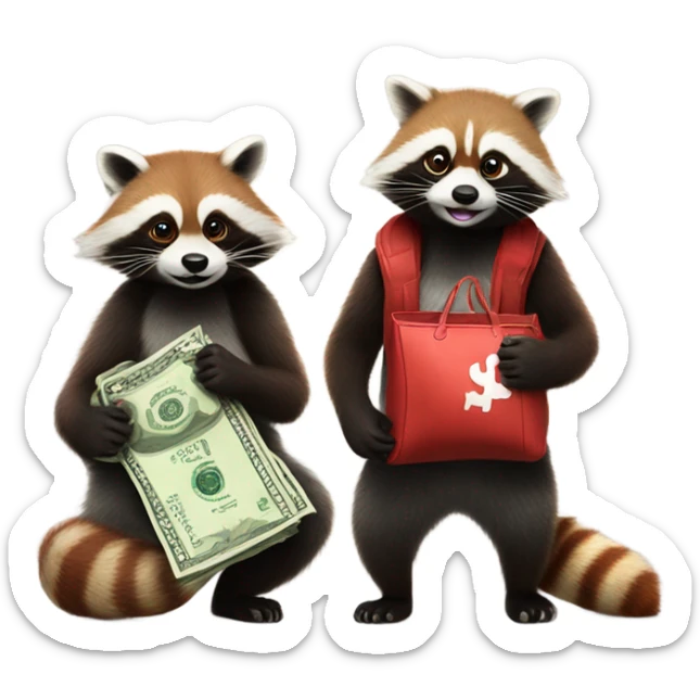 1 raccoon and 1 red panda each holding a bag of cash sticker